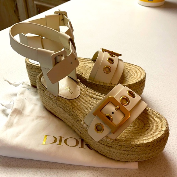 Dior Cream and Gold Wedge Sandals - Picture 1 of 12